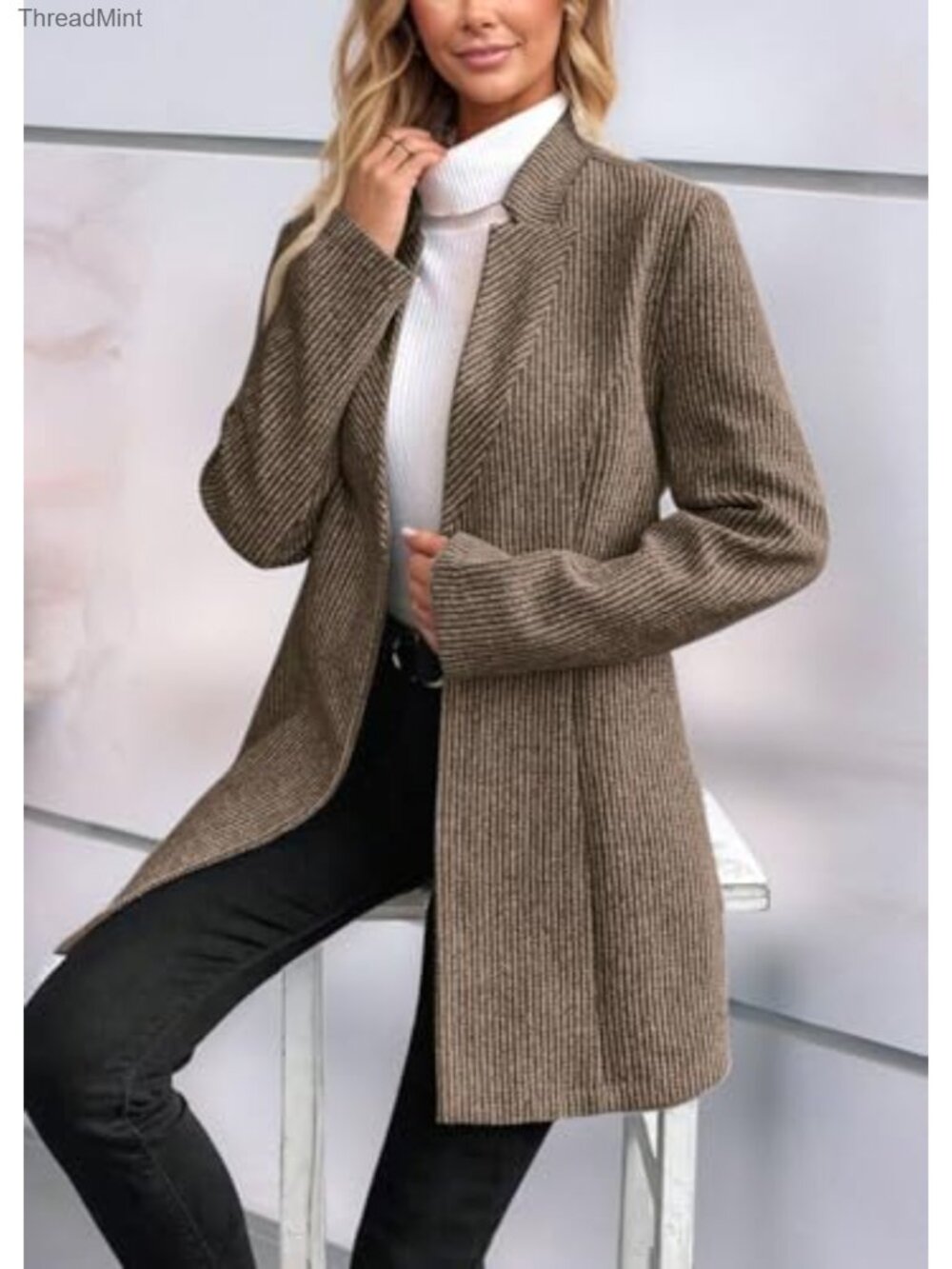Long Sleeve Wool Blazer Jacket Winter Coat One Button Open Front - Picture 2 of 6